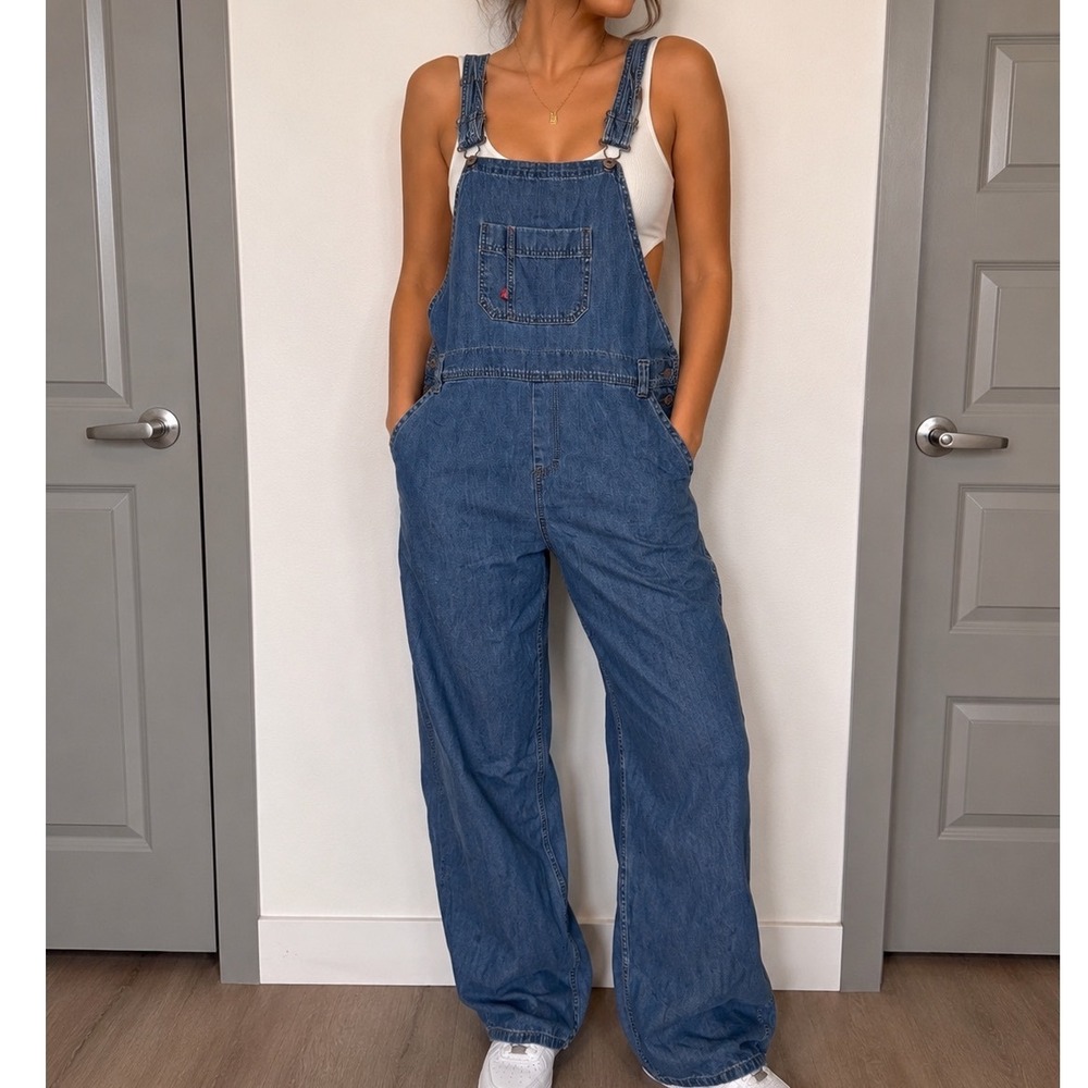 Dickies Womens Denim Bib Overalls Medium Wash Straight Leg FB206MSB XL cc